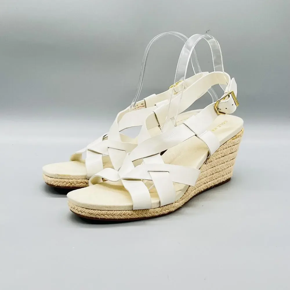 Cole Haan Sandals Women 9 White Leather Strappy Slingback Espadrille Wedge Shoes